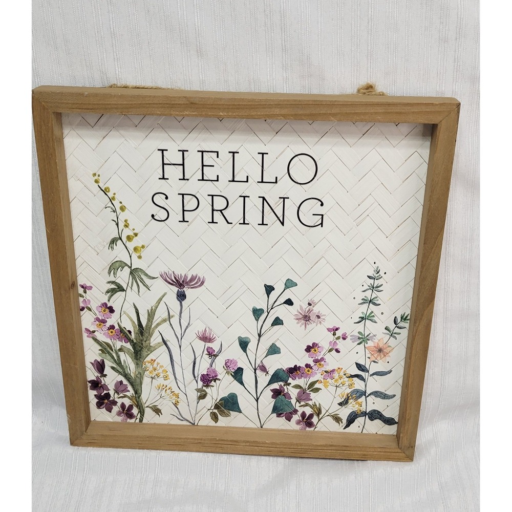 Hello Spring Wooden Framed Wall Decor or Wreath Attachment Wildflower Woven Sign